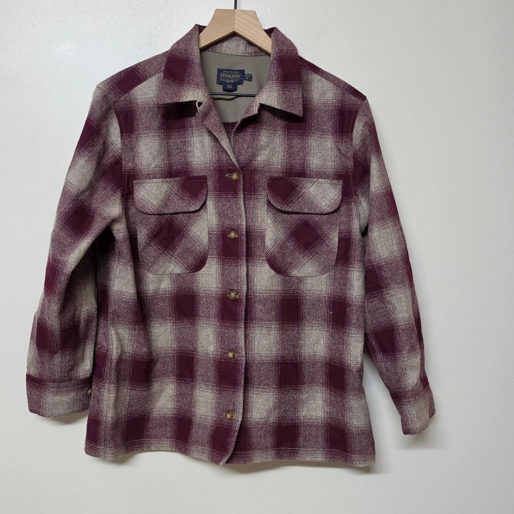 Pendleton Womens Wool Shirt Jacket Burgundy Gray Sz SP Plaid USA Made‎ Gorpcore